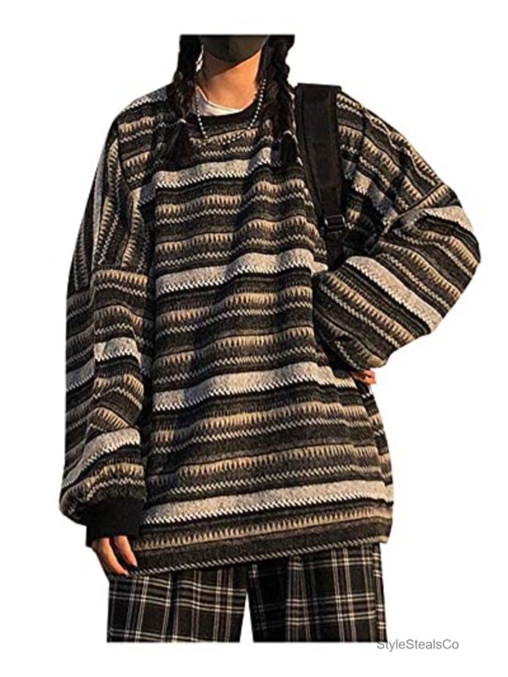 Striped Cotton Blend Sweater Y2K Grandpa Pullover Loose Knit